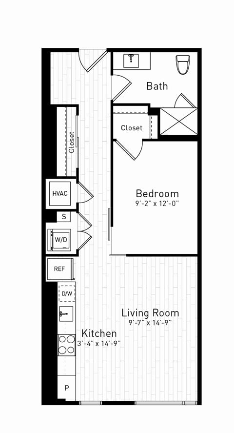 Floor plan for 1 bed, 1 bath, 655 sqft